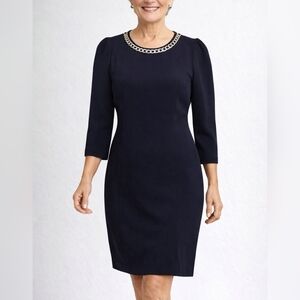 Philosophy Navy Blue Dress with Silver Chain Accent. Back Zipper.